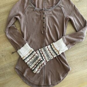 Free People Taupe Long Sleeve Thermal Henley Bodysuit with Cream Knit Cuffs